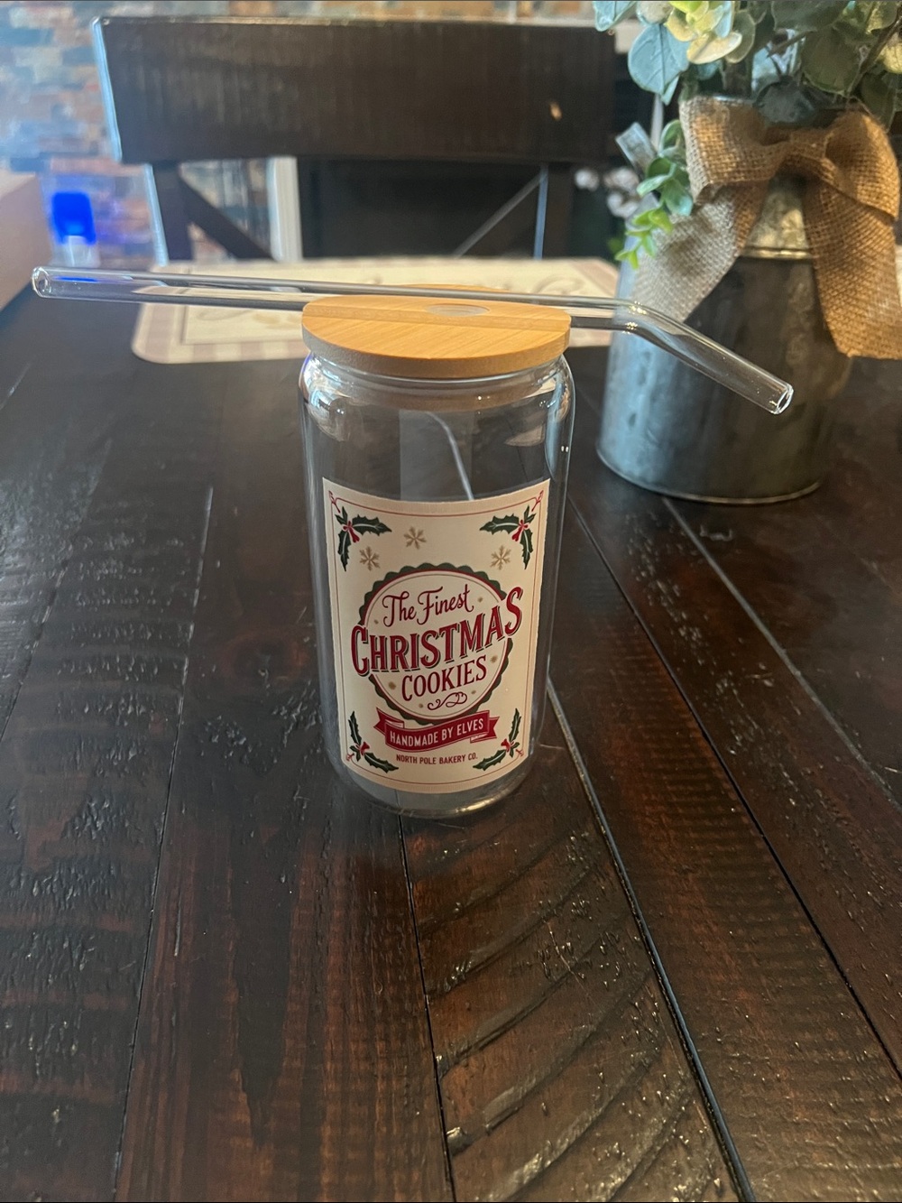 Christmas Cookie Glass Cup with Bamboo Lid and Glass Straw